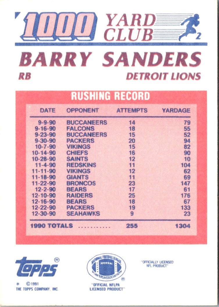 1991 Topps 1000 Yard Club Barry Sanders