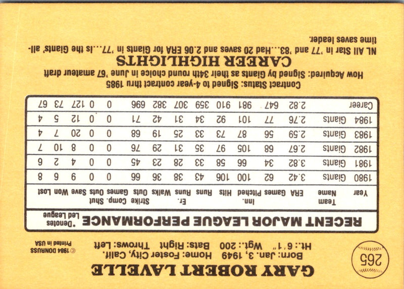 1985 Donruss Gary Lavelle