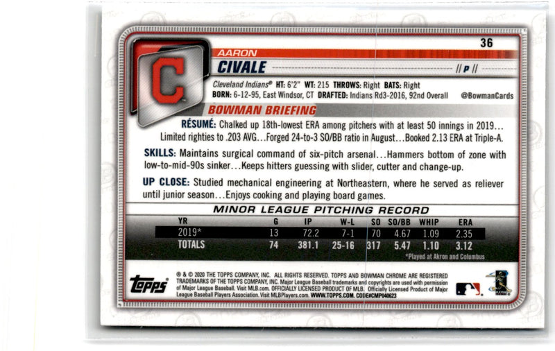 2020 Bowman Chrome Aaron Civale