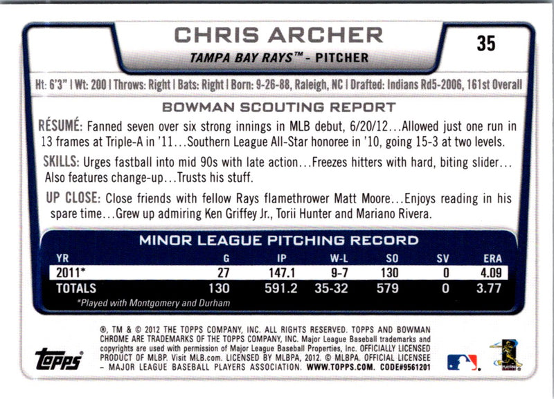 2012 Bowman Draft Picks & Prospects Chrome Chris Archer