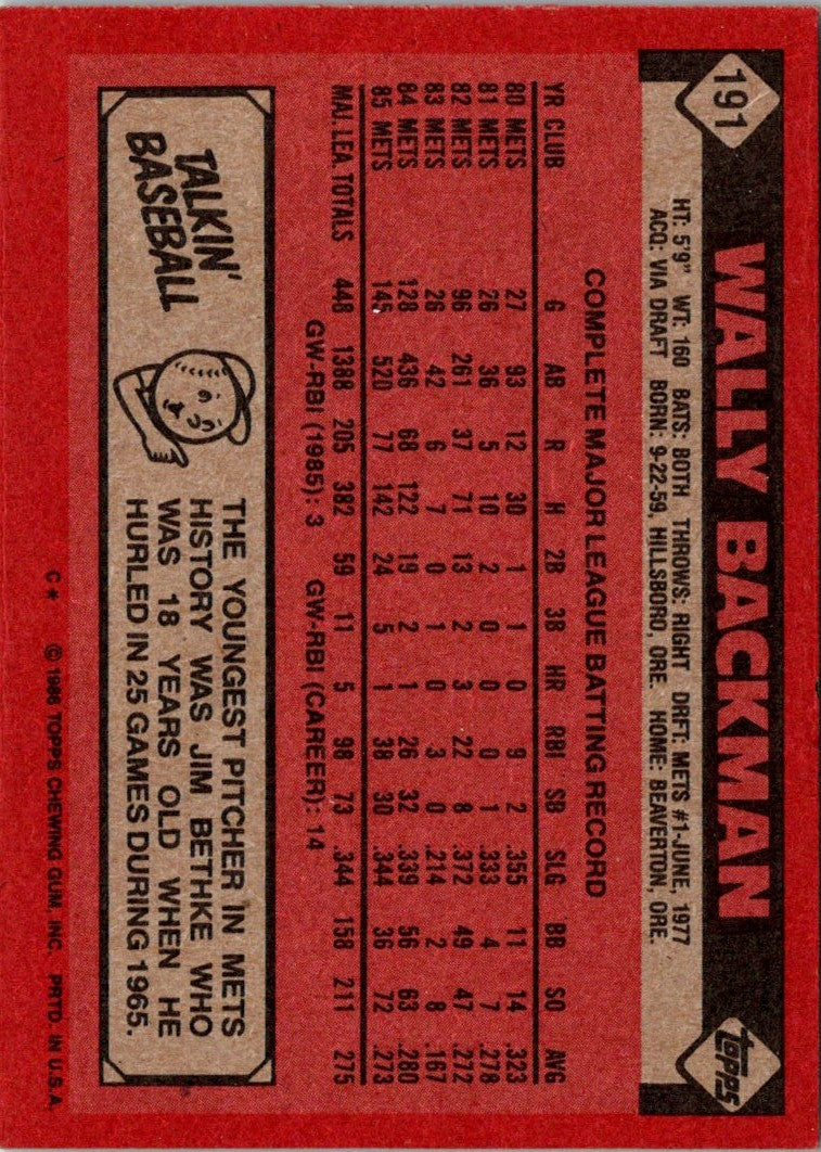 1986 Topps Wally Backman