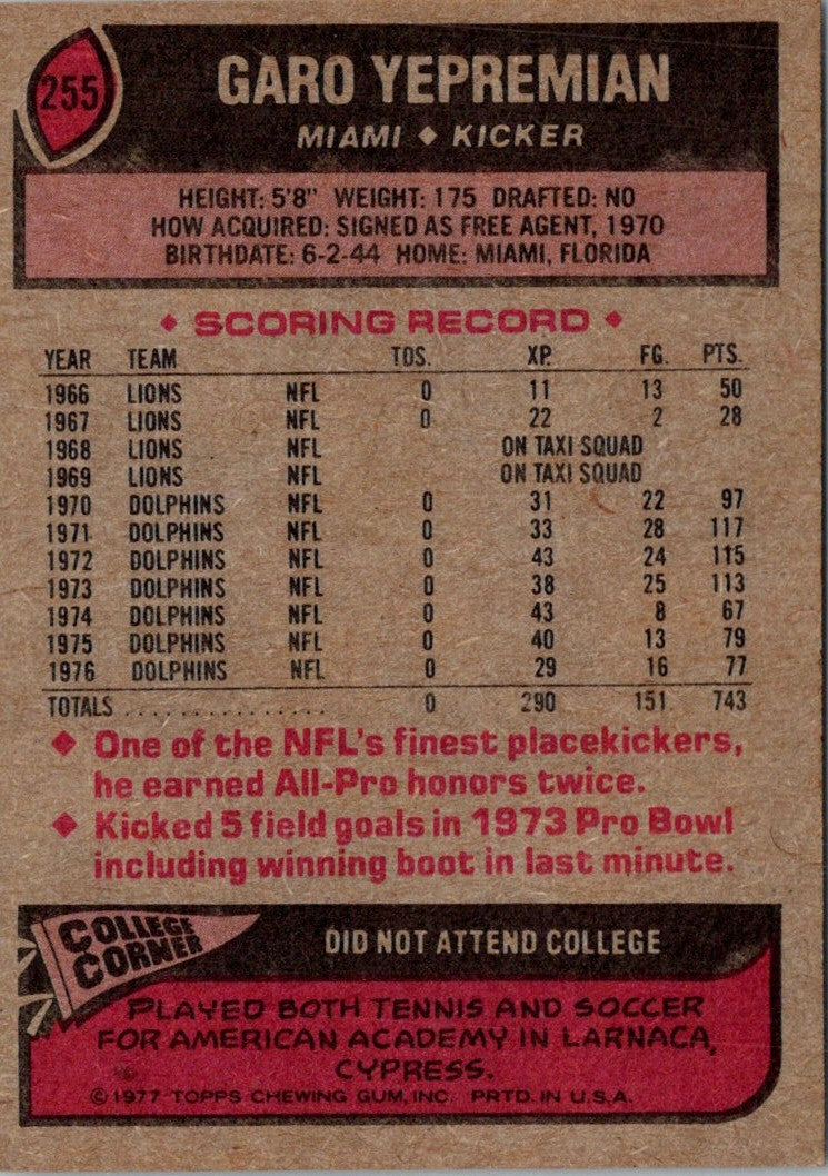 1977 Topps Garo Yepremian