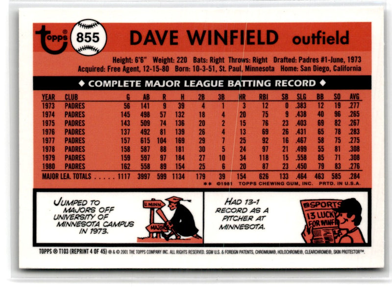 2001 Fleer Greats of the Game Dave Winfield