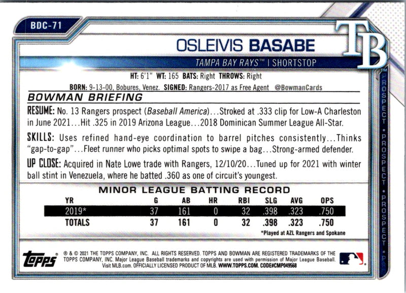 2021 Bowman Draft Chrome Osleivis Basabe