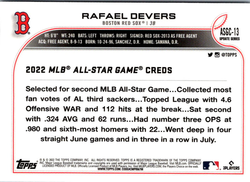 2022 Topps Chrome Update 2022 All-Star Game Rafael Devers