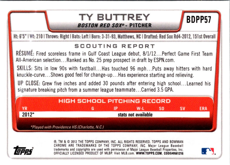 2012 Bowman Draft Picks & Prospects Chrome Ty Buttrey