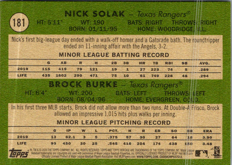 2020 Topps Heritage Nick Solak/Brock Burke