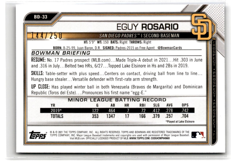 2021 Bowman Draft 1st Edition Sky Blue Foil Eguy Rosario