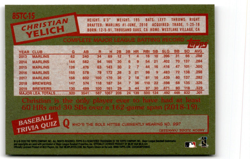 2020 Topps Chrome 1985 Baseball Christian Yelich