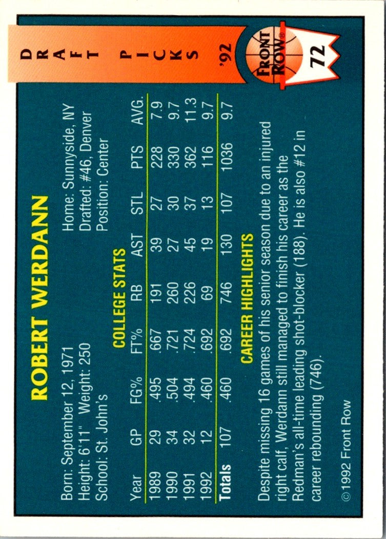 1992 Front Row Draft Picks Robert Werdann