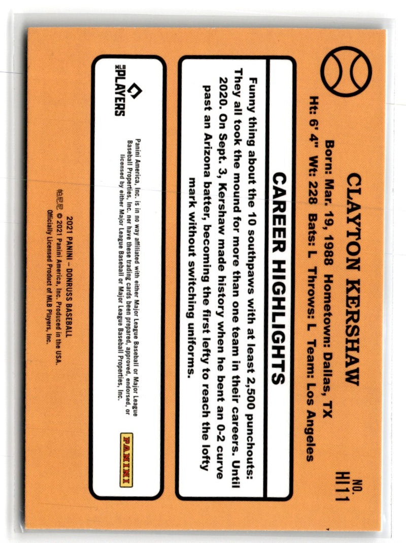 2021 Donruss Highlights Clayton Kershaw