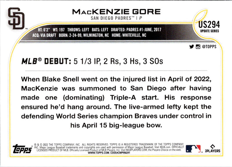 2022 Topps Update MacKenzie Gore