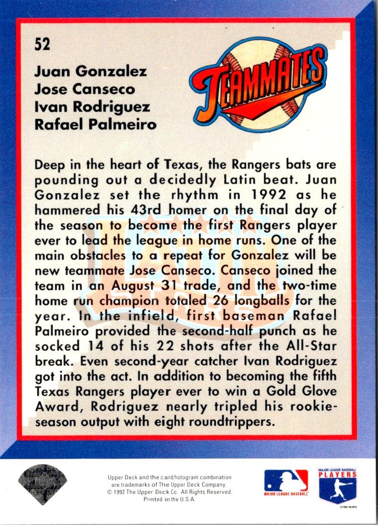 1993 Upper Deck Juan Gonzalez/Jose Canseco/Rafael Palmeiro/Ivan Rodriguez