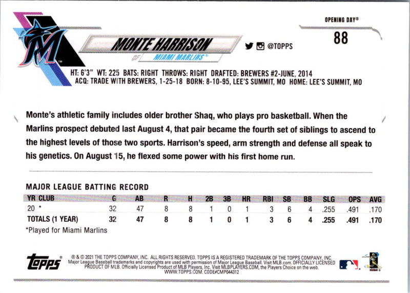 2021 Topps Opening Day Monte Harrison