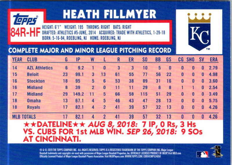 2019 Topps 1984 Baseball Rookie Autographs Heath Fillmyer