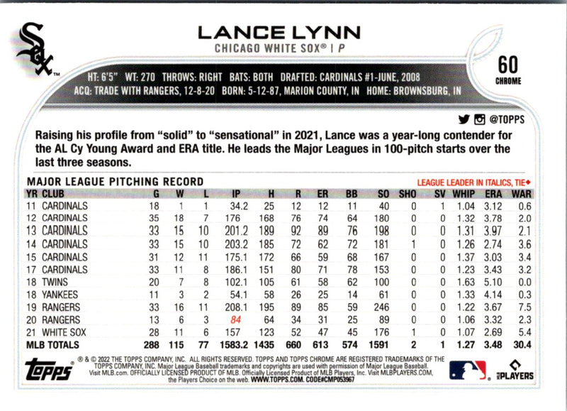 2022 Topps Chrome Sonic Black & White RayWave Lance Lynn