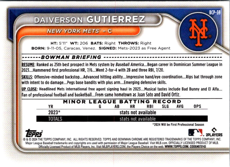 2024 Bowman Chrome Prospects Daiverson Gutierrez