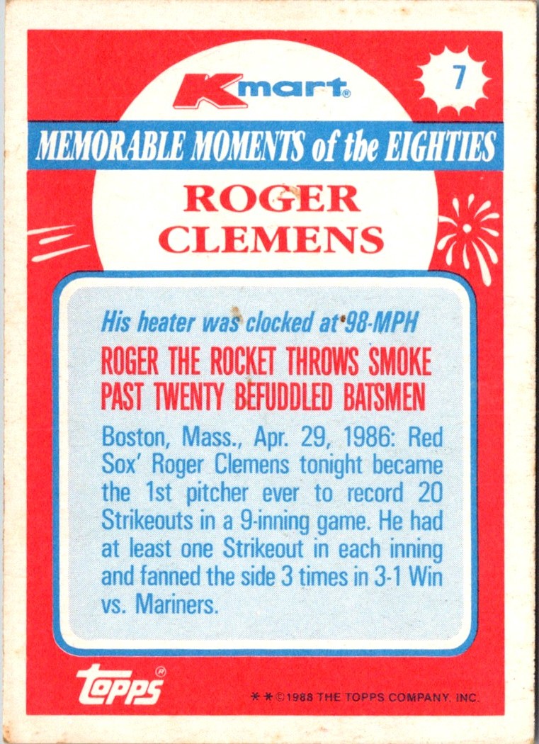 1988 Topps Kmart Memorable Moments Roger Clemens