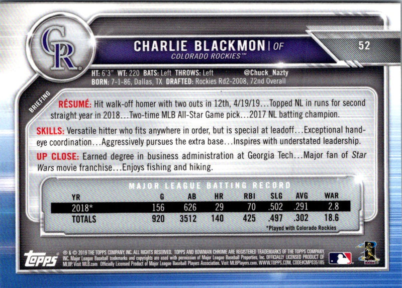 2019 Bowman Chrome Charlie Blackmon