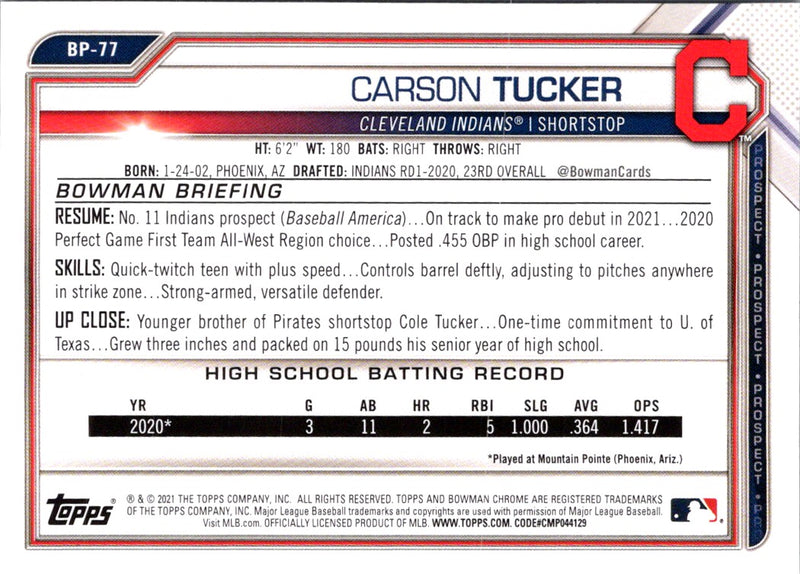 2021 Bowman Prospects Carson Tucker