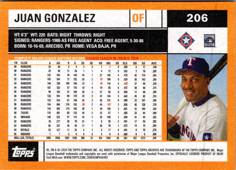 2020 Topps Archives Juan Gonzalez