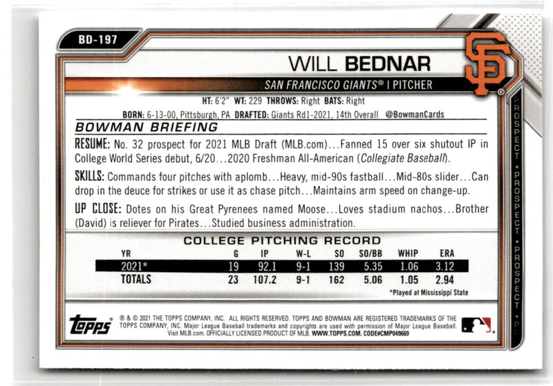 2021 Bowman Draft 1st Edition Will Bednar