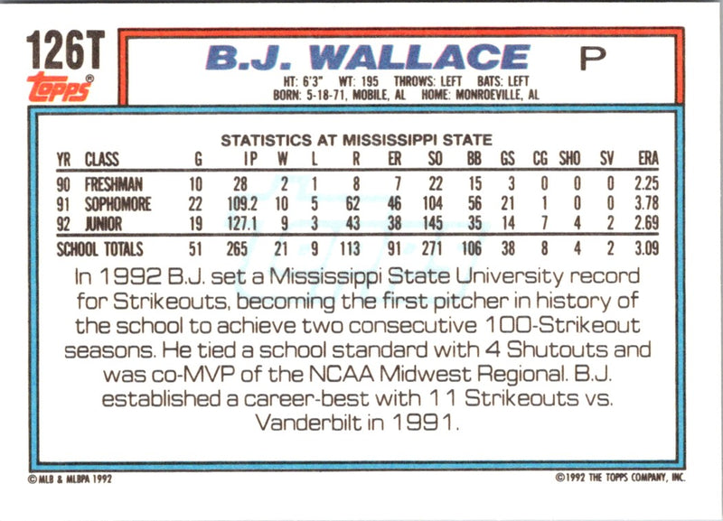 1992 Topps Traded B.J. Wallace