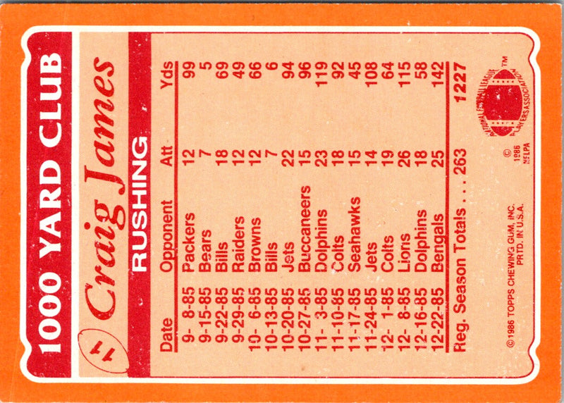 1986 Topps 1000 Yard Club Craig James