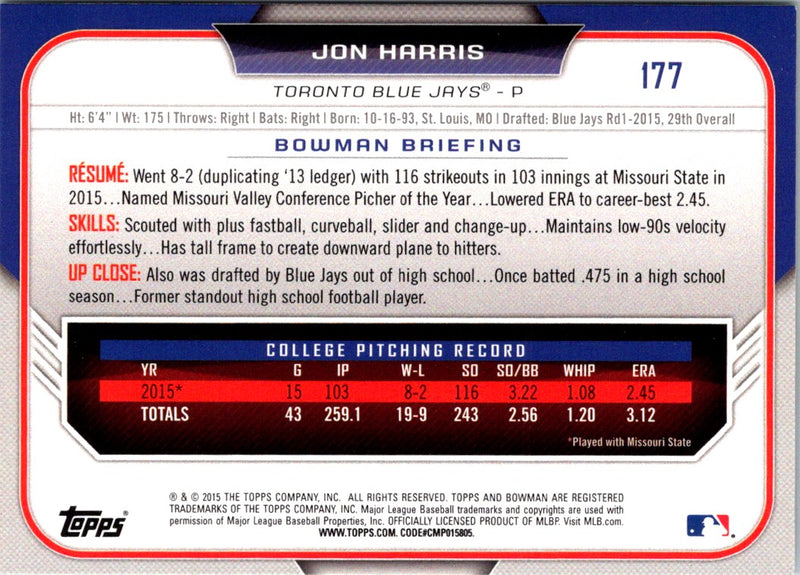 2015 Bowman Draft Picks & Prospects Jon Harris