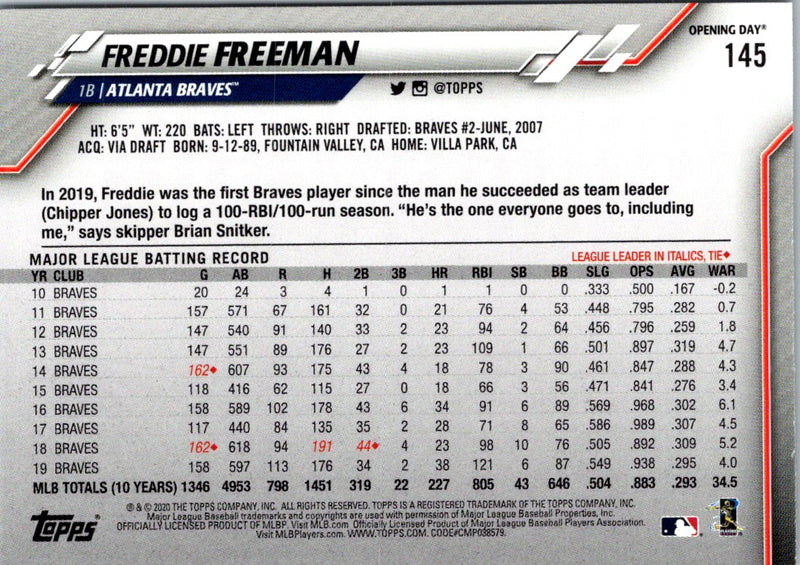 2020 Topps Opening Day Freddie Freeman