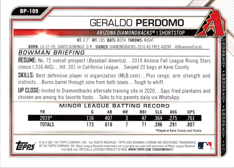 2021 Bowman Prospects Geraldo Perdomo