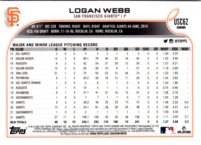 2022 Topps Chrome Update Purple Refractor Logan Webb