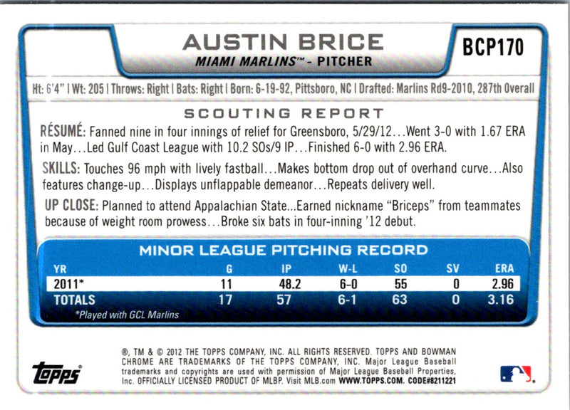 2012 Bowman Chrome Prospects Austin Brice