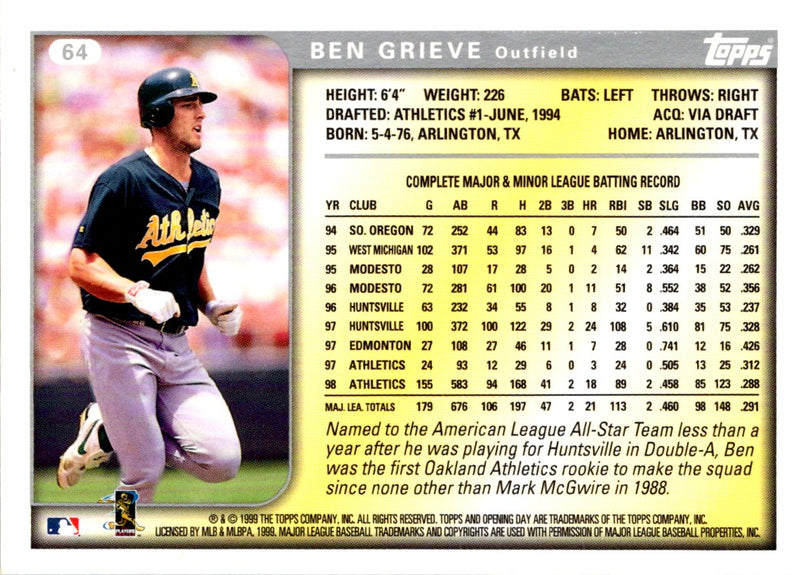 1999 Topps Opening Day Ben Grieve