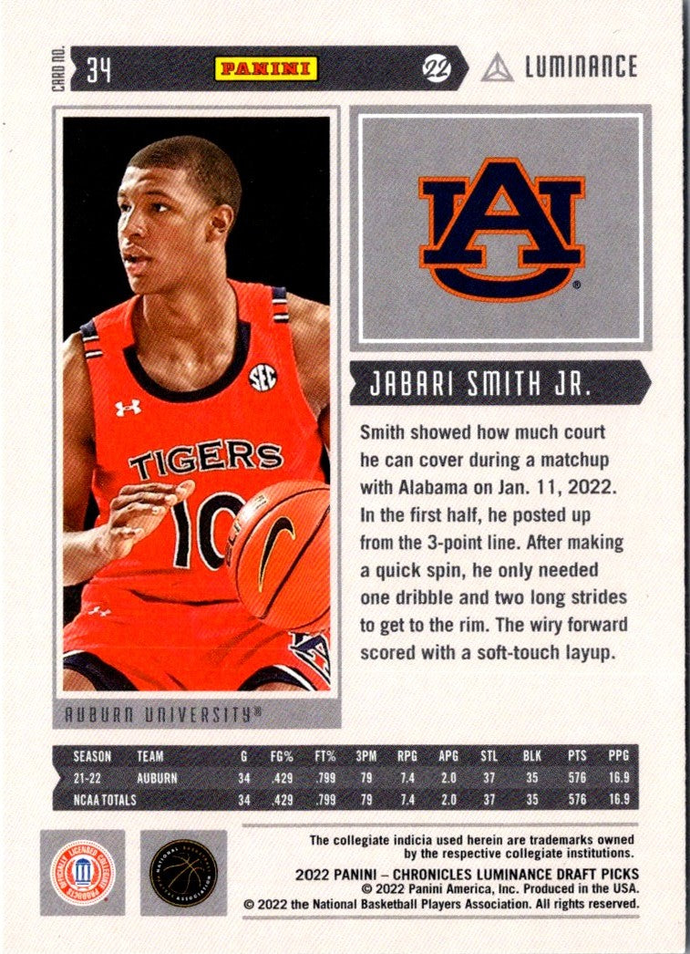 2022 Panini Chronicles Draft Picks Luminance Jabari Smith Jr.