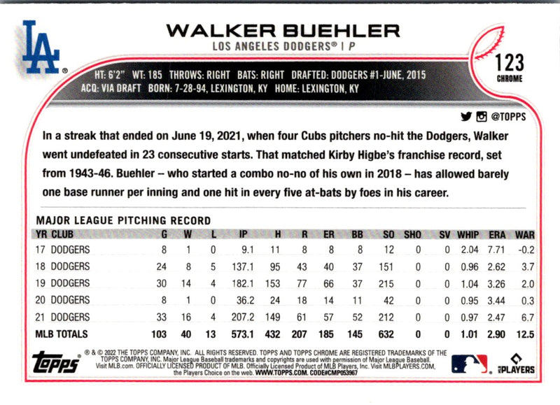 2022 Topps Chrome Walker Buehler