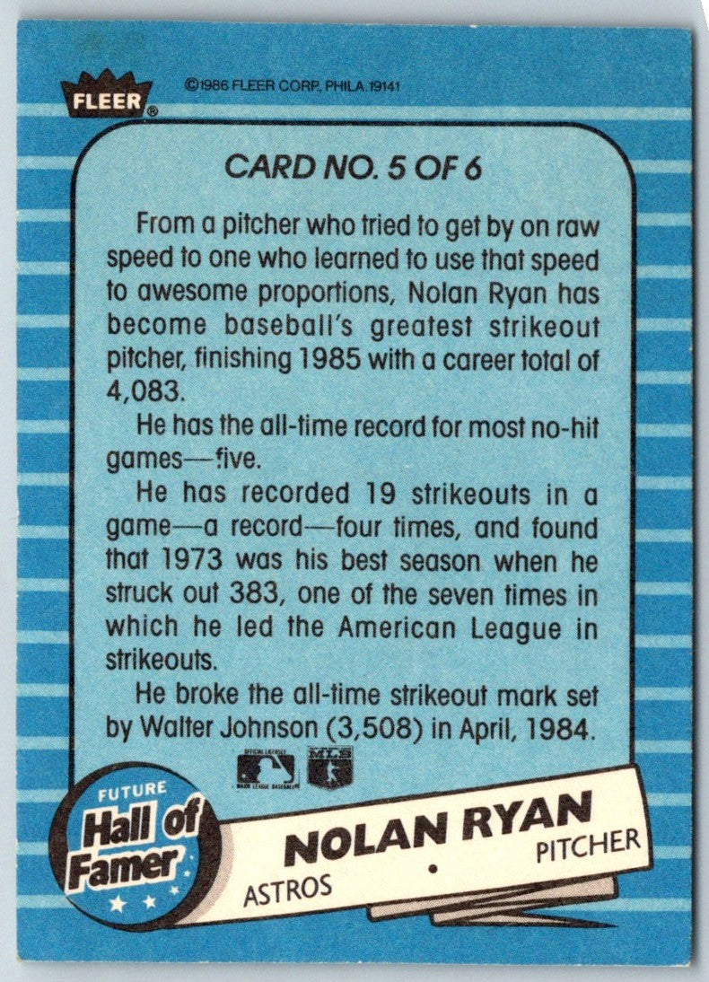 1986 Fleer Future Hall of Famers Nolan Ryan