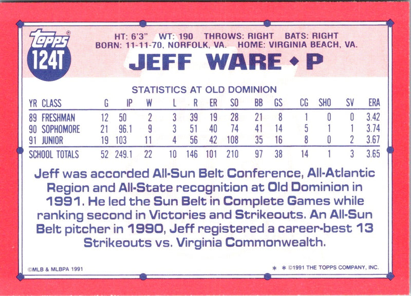 1991 Topps Traded Jeff Ware