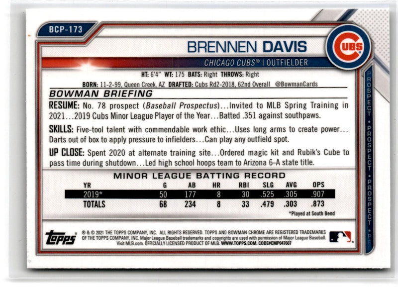 2021 Bowman Chrome Prospects Brennen Davis