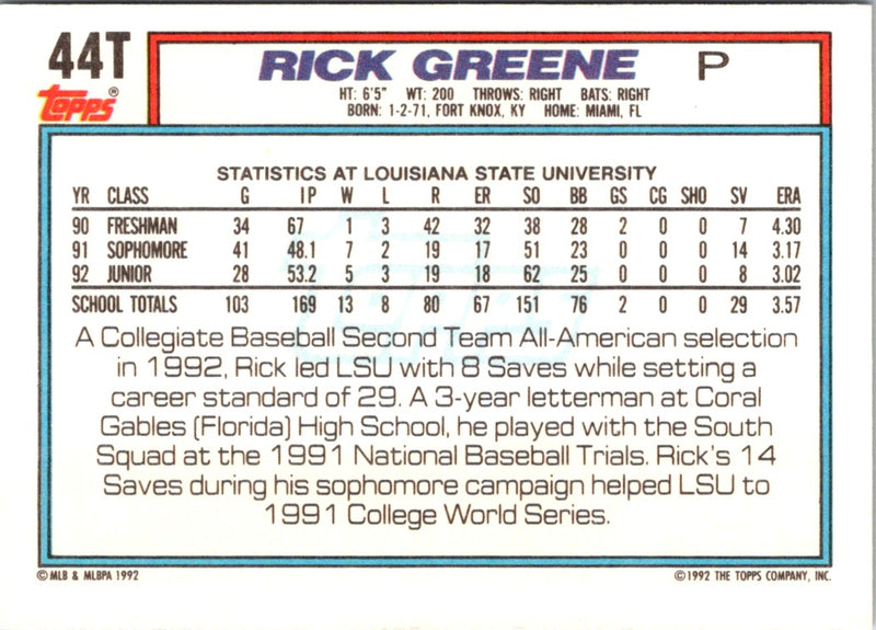 1992 Topps Traded Rick Greene