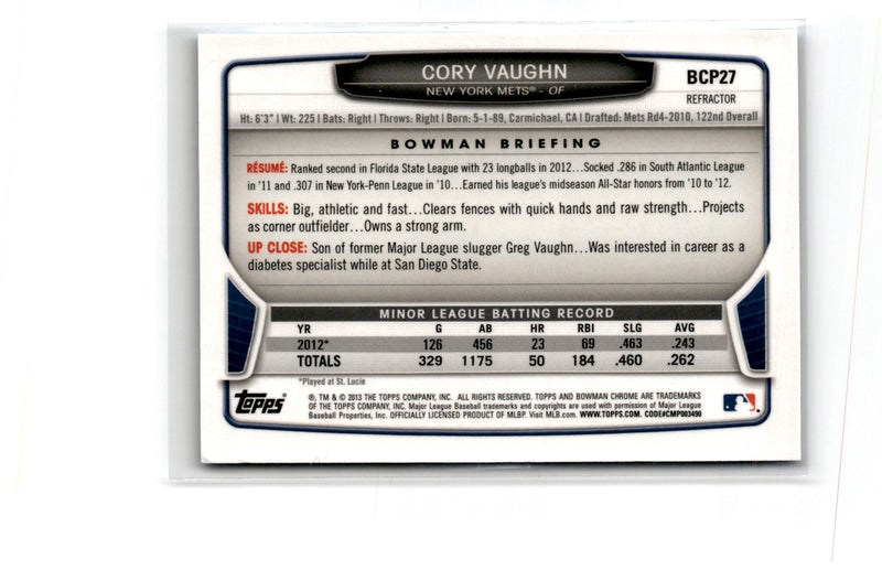 2013 Bowman Chrome Prospects Blue Wave Cory Vaughn