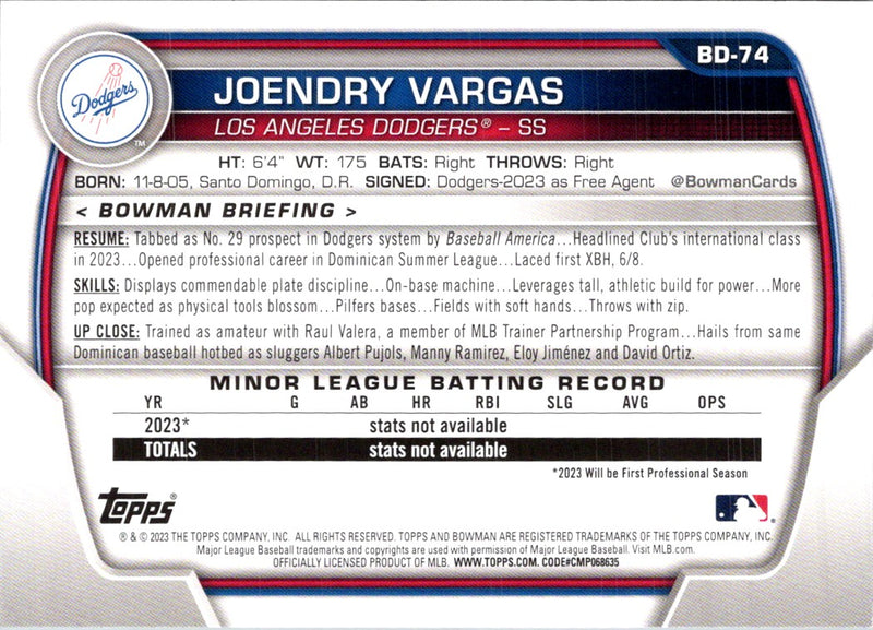 2023 Bowman Draft Joendry Vargas