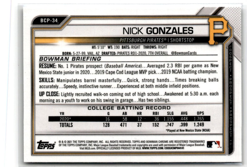 2021 Bowman Chrome Prospects Nick Gonzales