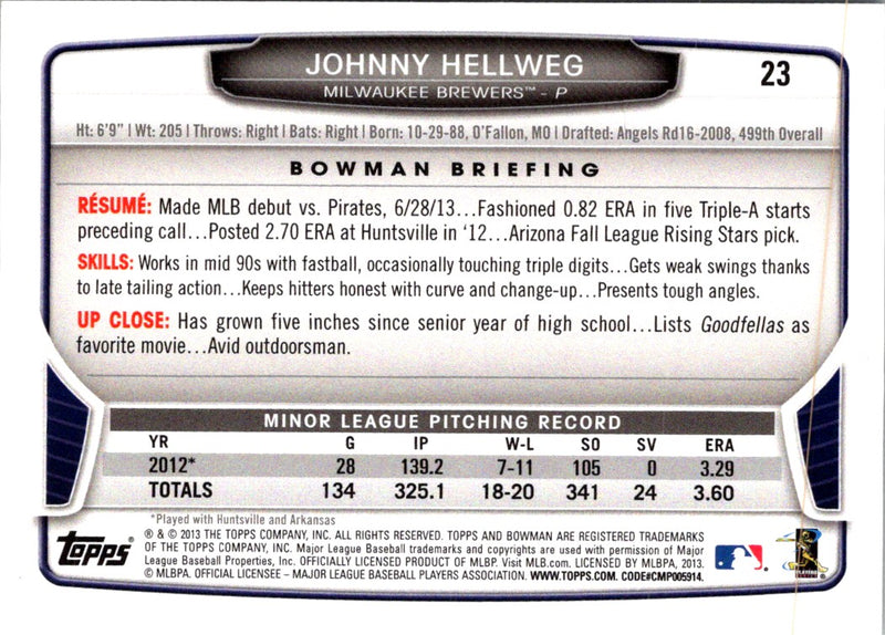 2013 Bowman Draft Picks & Prospects Johnny Hellweg