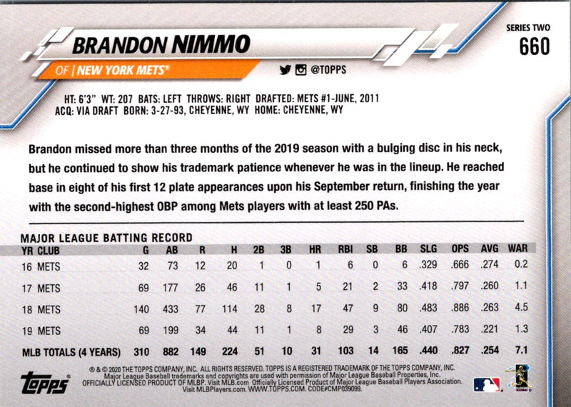 2020 Topps Brandon Nimmo