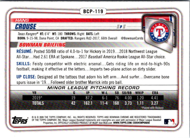 2020 Bowman Chrome Prospects Hans Crouse