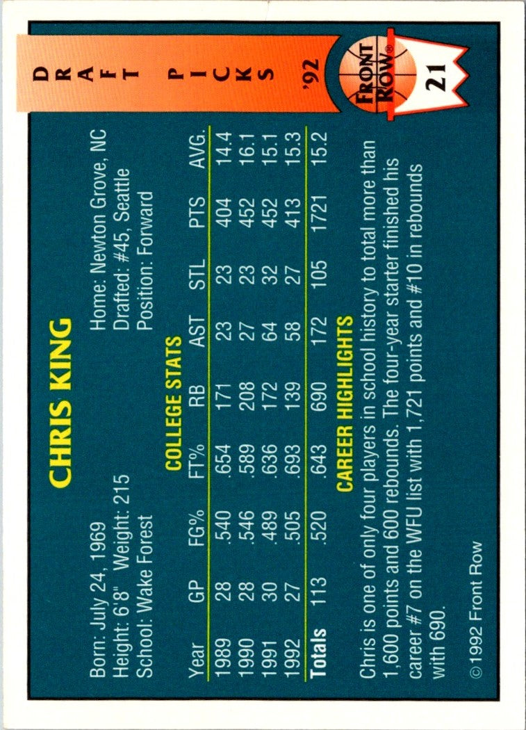 1992 Front Row Draft Picks Chris King