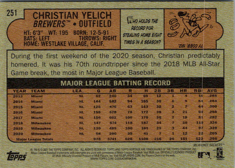 2021 Topps Heritage Chrome Blue Sparkle Christian Yelich