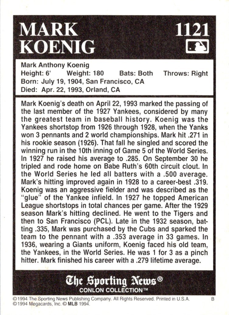 1994 Conlon Collection TSN Burgundy Mark Koenig