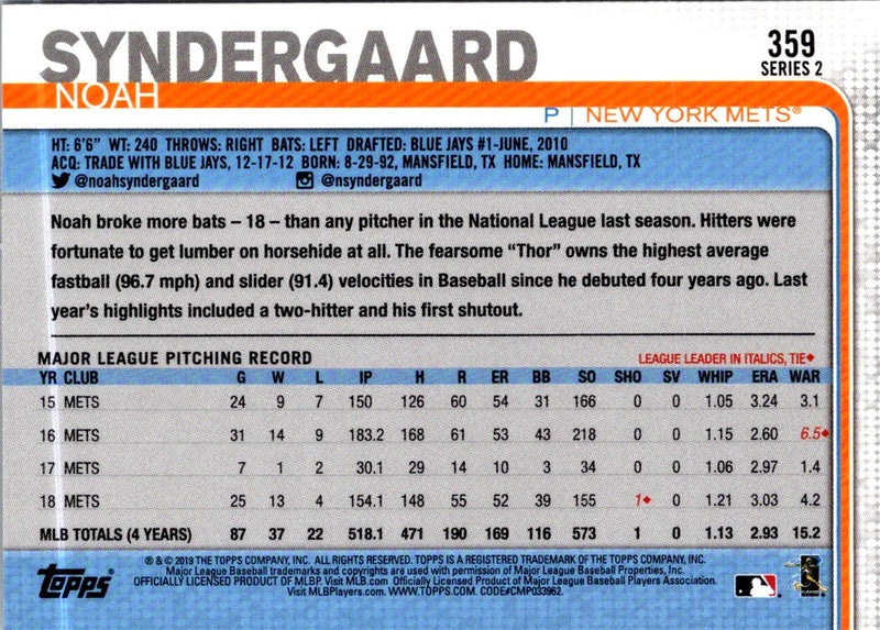 2019 Topps Noah Syndergaard